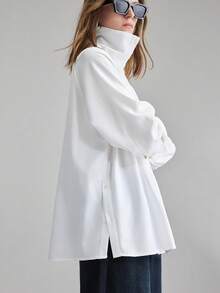 Ontre 2026春夏女式衬衫，高领侧开衩上衣，梭织面料，长袖，度假风，白色宽松版型，商务休闲通勤衬衫，适合办公室、教师、职业装、都市时尚等场合，百搭女式衬衫 - 白色 - 查看 2