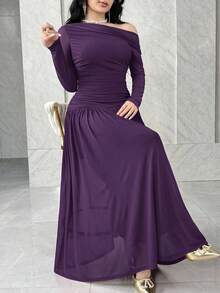 Feyla 女士纯色褶皱不对称长袖连衣裙 - 紫色 - 查看 6