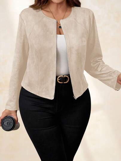 SHEIN Clasi Chaqueta de ante negro para mujer de talla grande, elegante para el uso diario y el atuendo de negocios