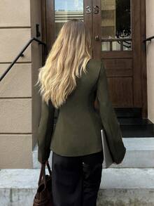 Elyressa 女士圆领长袖金属单排扣休闲常规夹克 - 橄欖綠 - 查看 2