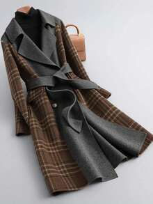 GlowEve 女士秋冬翻领拼接格纹长袖系带羊毛大衣 - 彩色 - 查看 6