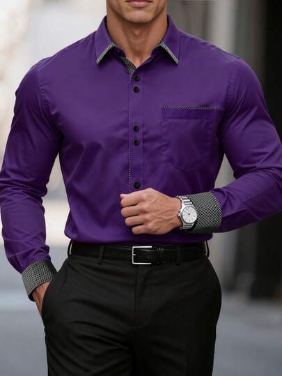 Manfinity Mode Plus Size Men's Spring/Autumn Business Casual Plaid Print Long Sleeve Shirt