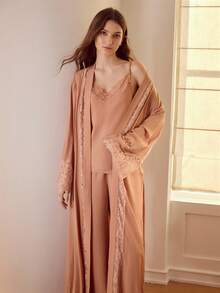 MOTF PREMIUM CONTRAST LACE BELTED ELEGANT LONG ROBE - Dusty Pink - View 4