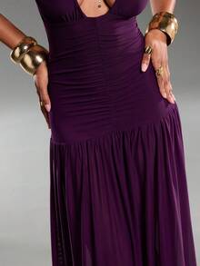 Normani Romantic Date Party Eggplant Purple Mesh Deep V Backless Tie Ruched Mesh Dress For Women - Red Violet - View 7