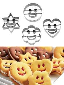 Juego de 4 moldes de galletas de acero inoxidable, diseños de expresiones divertidas para hornear manualidades - Plateado - Ver 1