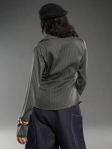 Normani Fashionable Commuter Dark Grey Striped Woven Women's Shirt - Dark Grey - View 2