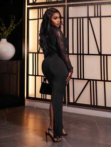 BamGleam 性感黑色蕾丝长袖修身连衣裙 - 黑色 - 查看 7