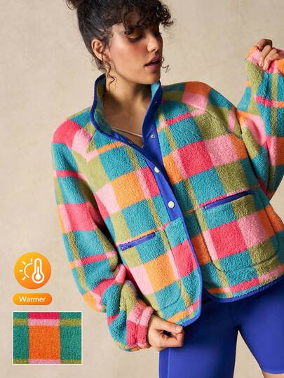 VARSITIE Sweat-shirt-shirt décontracté à manches longues en polaire à carreaux colorés pour femmes