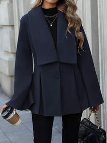 EMERY ROSE Abrigo de lana holgado de mujer con cuello vuelto, escote en V, doble botonadura, abertura frontal, línea A, mangas acampanadas y puños sueltos, adecuado para primavera, otoño e invierno, con estilo francés elegante y casual para ir al trabajo