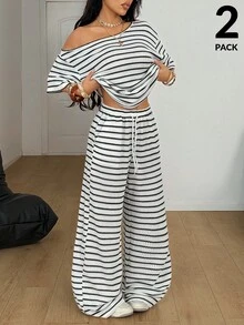 Coolane Women's  Winter  Concert Outfit	Rave Outfit	Festival	Going Out	Rave Outfit	Renaissance Fair	Club Outfits	Party  Knit  Striped  Graphics  Off The Shoulder  Two Piece - Black and White - View 6