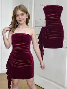 SHEIN Váy đỏ trơn đuôi cá cổ lệch dây chéo ôm vừa vặn cho bé gái tuổi mới lớn, váy dự tiệc Giáng sinh, váy Giáng sinh đỏ - Màu Đỏ Sâu - Xem 2