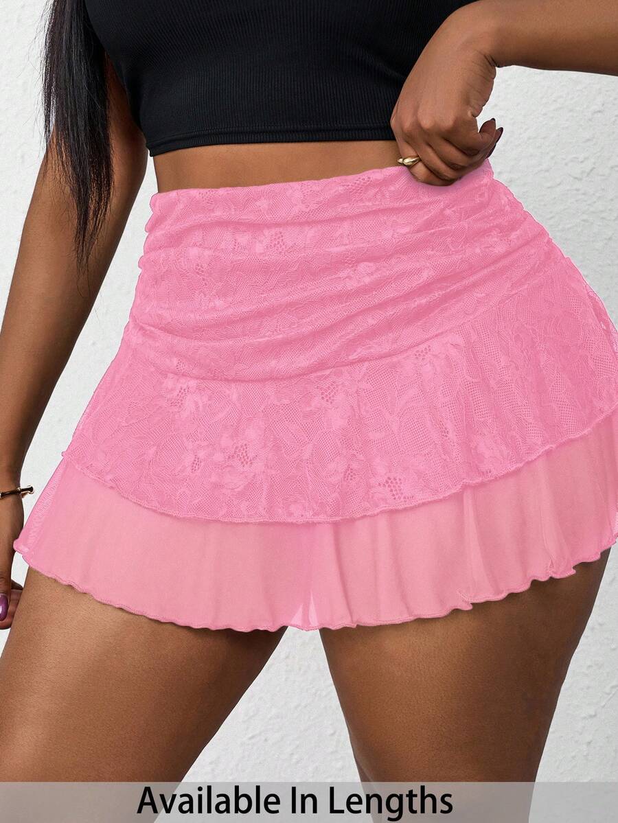 SHEIN PETITE CURVE 大码女式腰部褶皱撞色蕾丝A字裙 - 粉色 - 查看 1