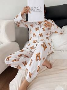 SHEIN Women's New Cartoon Bear Print Casual Long Sleeve Pajama Set, Autumn/Winter - White - View 6