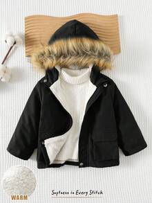 Cozy Pixies 男婴保暖加厚长袖连帽派克大衣，休闲百搭 - 黑色 - 查看 6