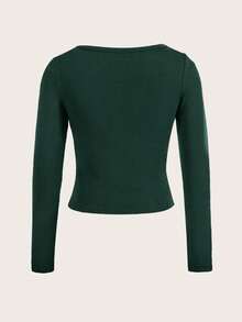 SHEIN EZwear Áo thun nữ cổ tròn tay dài ôm sát, màu xanh ô liu tối giản, thoải mái - Màu xanh lá cây đậm - Xem 7