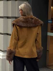 Aloruh Women's Autumn/Winter New Gangster Wife Style Sexy Open Front Button Closure Long Faux Fur Collar Leopard Print Patchwork Long Cinched Waist Sleeve Faux Fur Coat Brown - Multicolor - View 2