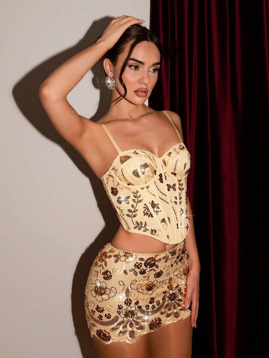 Glamine 性感金色亮片刺绣拼接钢圈鱼骨下摆弧形肩带魅力派对背心（女士款） - 金色 - 查看 1