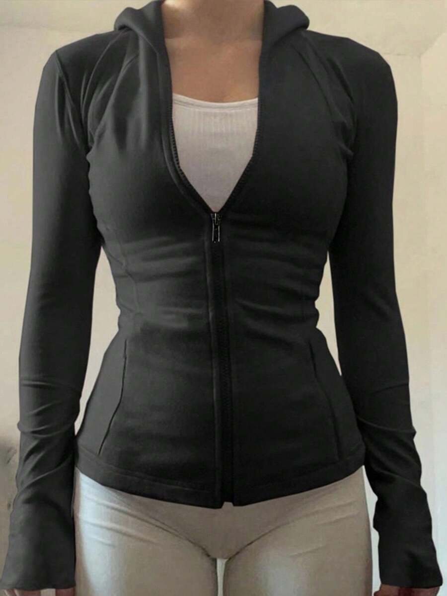 DAZY Áo khoác thể thao ngoài trời có mũ trùm đầu ôm sát có nơ cho nữ - màu đen - Xem 1