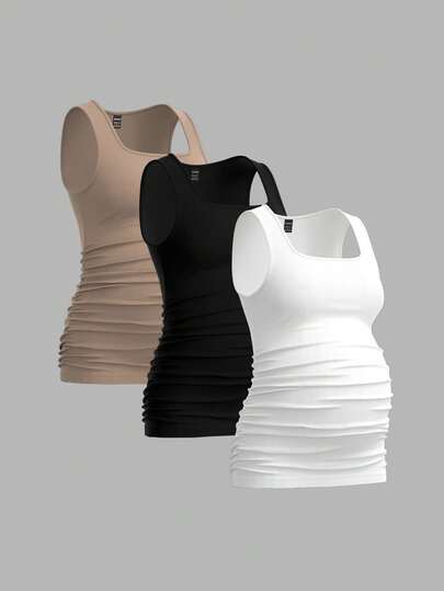 Modmama 3pcs Maternity Women's Solid Color Sleeveless Tank Tops, Casual & Simple, Perfect For Summer
