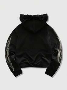 ROMWE MEN Street Life Sudadera con capucha de estilo gótico para hombre de otoño/invierno con cuello de piel, top de manga larga