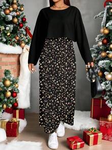 SHEIN Essnce 两件套加大码女式豹纹长袖T恤和无袖连衣裙，休闲度假装，秋冬季