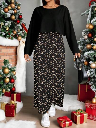 SHEIN Essnce 两件套加大码女式豹纹长袖T恤和无袖连衣裙，休闲度假装，秋冬季