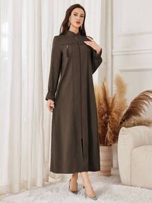 Yasmyna Purple Casual Loose Zip-Up Abaya Robe For Women, Zipper Blouse Abaya - Coffee Brown - View 5