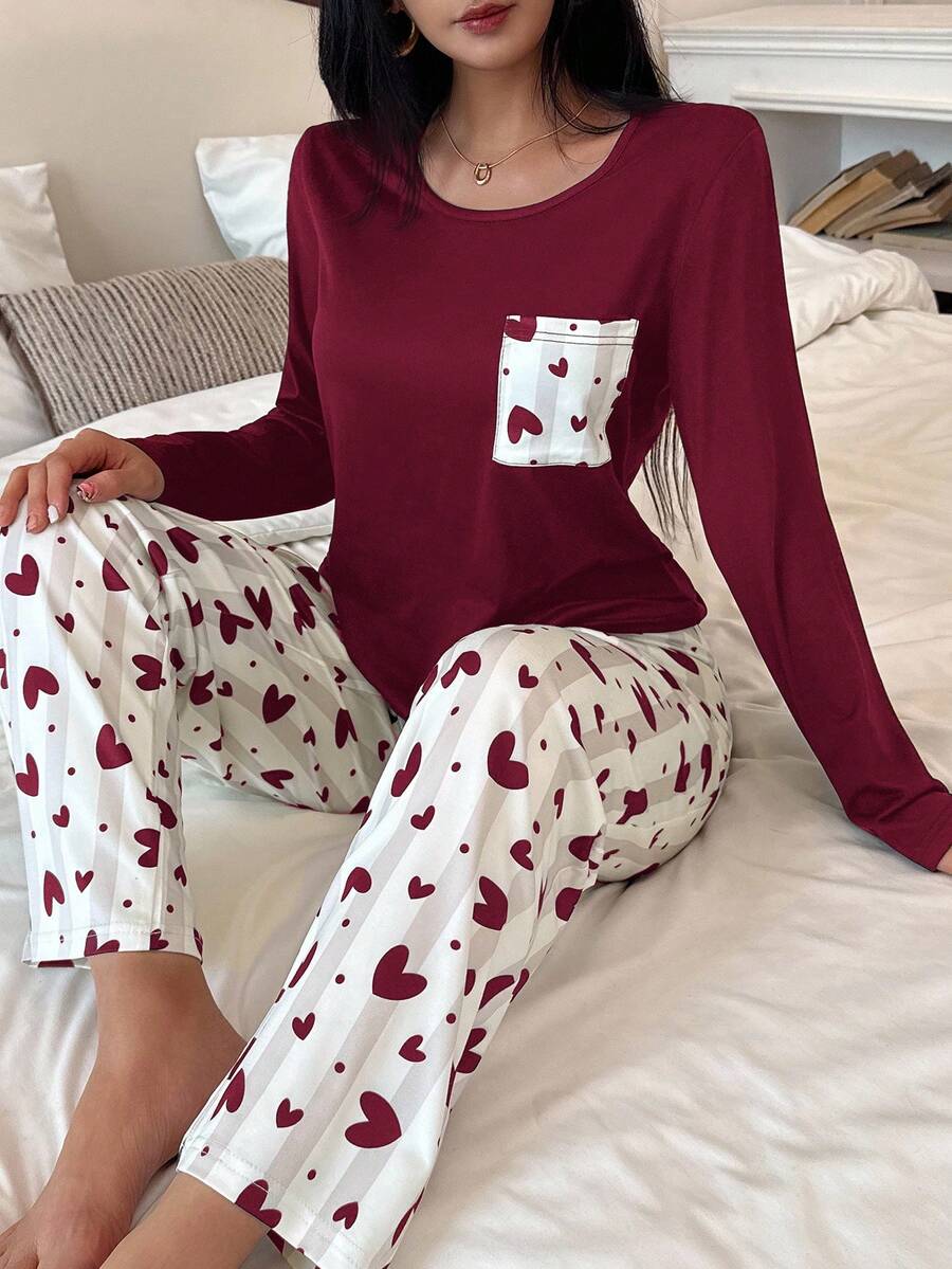 Heart Print Casual Round Neck Long Sleeve Pajama Set For Women, Winter Clothes - Red - View 1