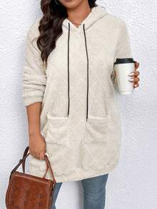 SHEIN Lässiger Kapuzenpullover, geeignet für Pendeln und Straßenmode, Große Größen, Herbst/Winter - Khaki - Übersicht 3