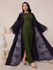 Veilorie 女士撞色蕾丝长袖优雅长袍 - 紫色 - 查看 7