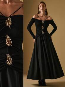 Briarwyn Women's Off Shoulder Long Sleeve Metal Decor Flared Dress,Black N Gold,Autumn,Elegant,Dining,Luxurious Old Money Style Halloween Christmas Costume - Black - View 7