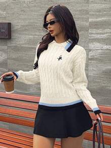 SHEIN Unity Women's Embroidery Contrast Color Sweater, Autumn/Winter - Beige - View 3