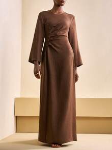 Zivah Vestido largo de mujer de estilo elegante y casual de dinero viejo, de material de lino, de manga larga, para el otoño y el invierno de 2025. Adecuado para festivales de música, fiestas de cumpleaños, fiestas, Navidad, Año Nuevo, reuniones anuales, estilo universitario, uso diario casual, básico versátil, ocio, viajes en crucero, playa, tomar el sol, viral, ropa de calle, invitado de boda bohemio, ir y venir del trabajo, brunch, aeropuerto. - Marrón - Ver 4