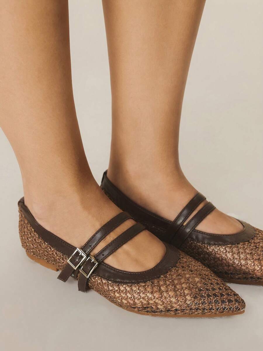 Styleloop Sepatu Kasual Wanita Ujung Lancip, Bahan Tenun Datar, Cokelat Kopi, Nyaman untuk Sehari-hari, Pesta, Pantai, Desain Bertali - Coffee Brown - View 1