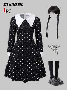 SHEIN Vestido preto com gola Peter Pan e bolinhas para meninas, vestido formal preto, vestido gótico para meninas, adequado para deslocamento diário, passeios, apresentações, festas, outono e inverno