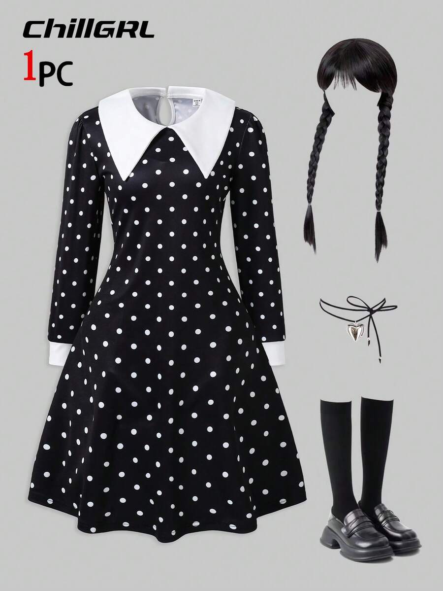 SHEIN Vestido preto com gola Peter Pan e bolinhas para meninas, vestido formal preto, vestido gótico para meninas, adequado para deslocamento diário, passeios, apresentações, festas, outono e inverno