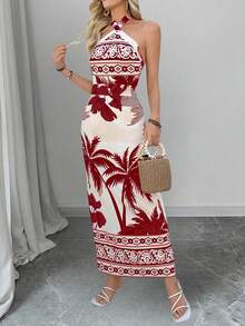 Chiquease Váy yếm buộc eo họa tiết Paisley thanh lịch dành cho nữ, màu đen và màu mơ, xuân/thu - Đỏ - Xem 1