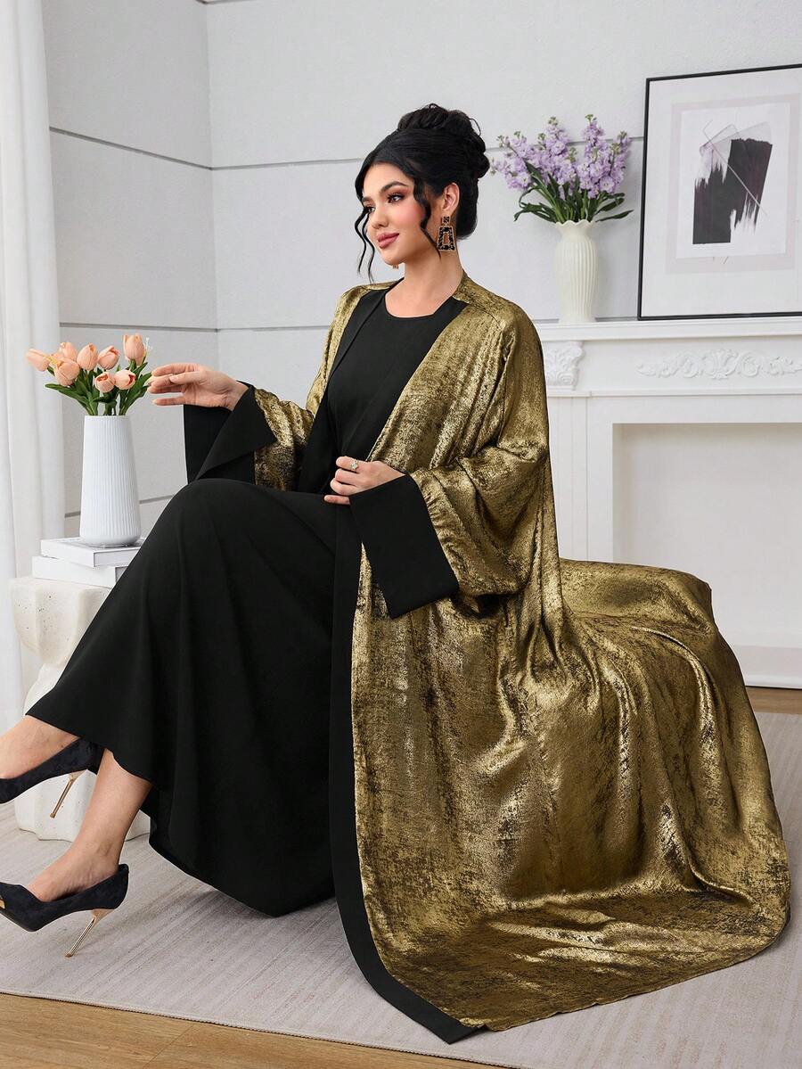 Al Najma 2025 New Middle Eastern Abaya Fashion Gold Foil Long Robe Cardigan Outerwear With Inner Long Sleeve Dress Suit