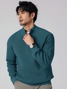 Manfinity Homme Jersey de media cremallera de unicolor casual para hombre, otoño/invierno - Neblina azul - Ver 3