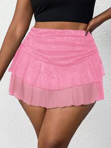 SHEIN PETITE CURVE 大码女式腰部褶皱撞色蕾丝A字裙 - 粉色 - 查看 5