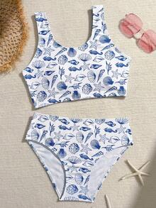 SHEIN 少女款Tankini泳衣，可爱针织面料，海洋生物印花，时尚优雅，休闲保守，适合夏季、游泳、海滩穿着。 - 彩色 - 查看 4