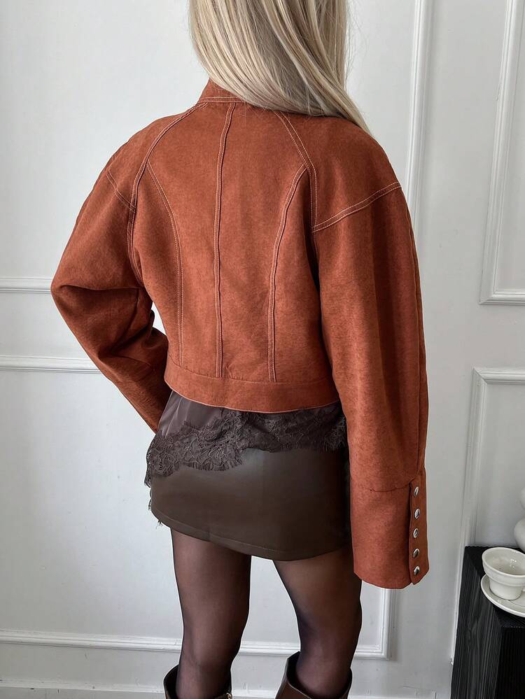Siren Gaze Women's Autumn Fashionable Commuter Tie Collar Jacket Crop Top Brown Blouse Rust Cropped Blouse,Winter Clothes For Women,Women's Coat Casual Spring - Mocha Brown - View 3