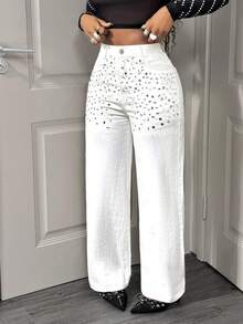 Slaydiva Fashionable Commuter High-Waisted Straight Leg Jeans With Rhinestone Decor - White - View 2
