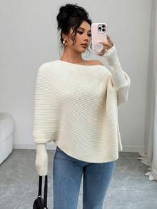 SHEIN Elenzya Suéter blanco de manga larga con textura acanalada, elegante y clásico para mujer, otoño/invierno - Crema - Ver 1