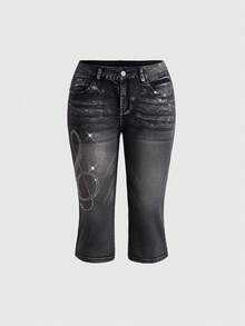 ROMWE Avant Y3K Electronic Music Metallic Silver Skinny Low Waist Women's Cropped Jeans - Black - View 1