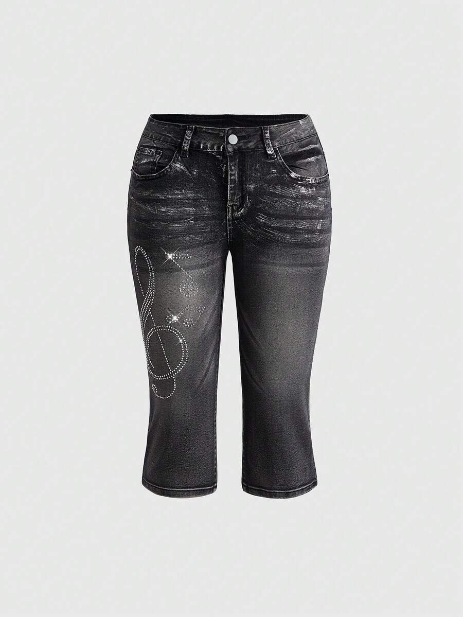 ROMWE Avant Y3K Electronic Music Metallic Silver Skinny Low Waist Women's Cropped Jeans - Black - View 1