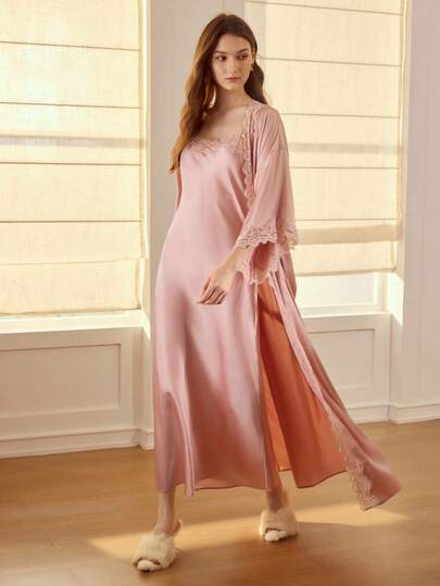 MOTF PREMIUM ELEGANT CONTRAST LACE SLEEP DRESS & ROBE PAJAMA SET