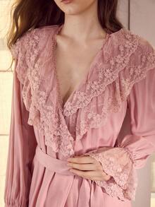 MOTF PREMIUM WOMEN'S ROMANTIC CONTRAST LACE RUFFLE SLEEVE BELTED LONG SLEEP DRESS - Pink - View 2