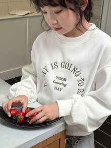 Dazy Kids Tween Girl Drop Shoulder Casual Crew Neck Slogan Embroidered Fleece Sweatshirt, Autumn/Winter - White - View 1