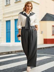 EMERY ROSE Áo sơ mi tay dài đơn hàng khuy đơn dành cho nữ cỡ lớn, thường ngày/công sở - Màu xám đen - Xem 3